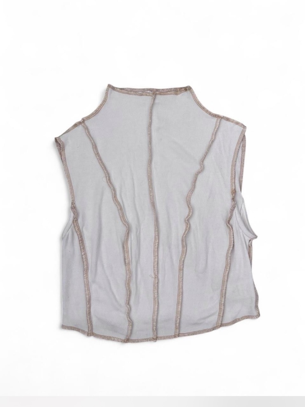 12th Tribe Ribbed Mockneck Tank Top - White with Brown Stitching
